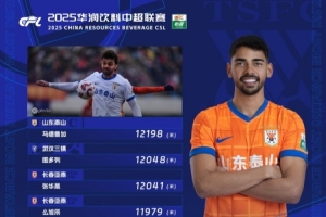 中超第5轮跑动距离榜：马德鲁加12198米居首，亚泰三人在列