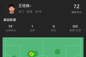 王钰栋本场数据：出战74分钟打进1球，媒体评分7.2