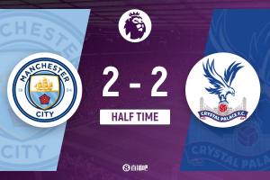 半场-曼城暂2-2水晶宫 德布劳内任意球破门马尔穆什建功&失单刀