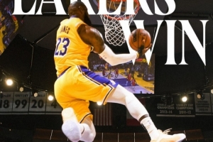 湖人官方赢球海报 封面为詹姆斯海底捞月大拉杆上反篮