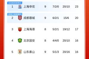 中超积分榜：申花不败3分领跑 泰山第5&浙江第7 海牛3平6负垫底