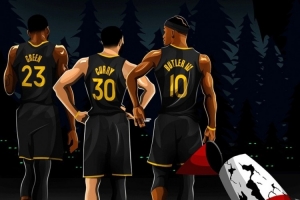 挺进次轮！勇士官方制作海报：三巨头眺望森林狼 火箭被干翻在地