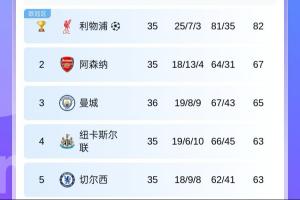 又是独缺我厂英超前5：利物浦纽卡已夺冠 曼城切尔西皆有冠争