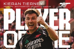 告别战进球！阿森纳官方：蒂尔尼当选本轮队内最佳球员