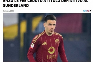 罗马官方：中场勒费永久转会加盟桑德兰 据悉买断金额2300万欧