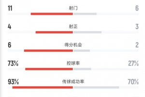 拜仁2-1博卡全场数据：射门11-6，得分机会6-2，控球率73%-27%