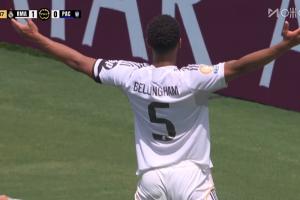 10人皇马1-0领先！贝林厄姆突入禁区，左脚抽射远角破门！