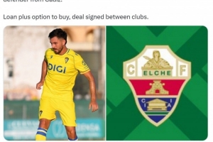 罗马诺：埃尔切租借加的斯中卫丘斯特达成协议，含选择买断条款