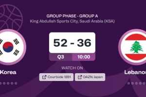 这谁顶得住！韩国男篮上半场三分球25投13中 半场领先黎巴嫩16分