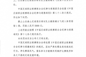 泰山B队主帅褚云飞发表不负责任评论，被禁赛1场+罚款5000元