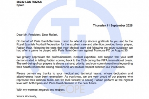 反观？巴黎主席纳赛尔致信西足协，感谢西班牙队放法比安提前归队