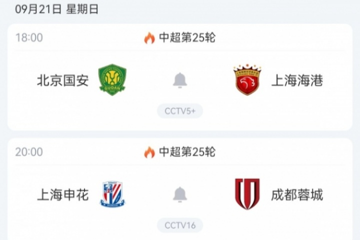 关键一轮！中超前四周日两两对决：申花vs蓉城，国安vs海港