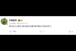 泰山跟队记者：泰山队0-2落后 替补都在坐着 梅州替补开始热身了