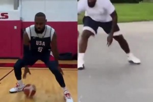 很喜感！詹姆斯和帕金斯运球视频同框，看着是很像！